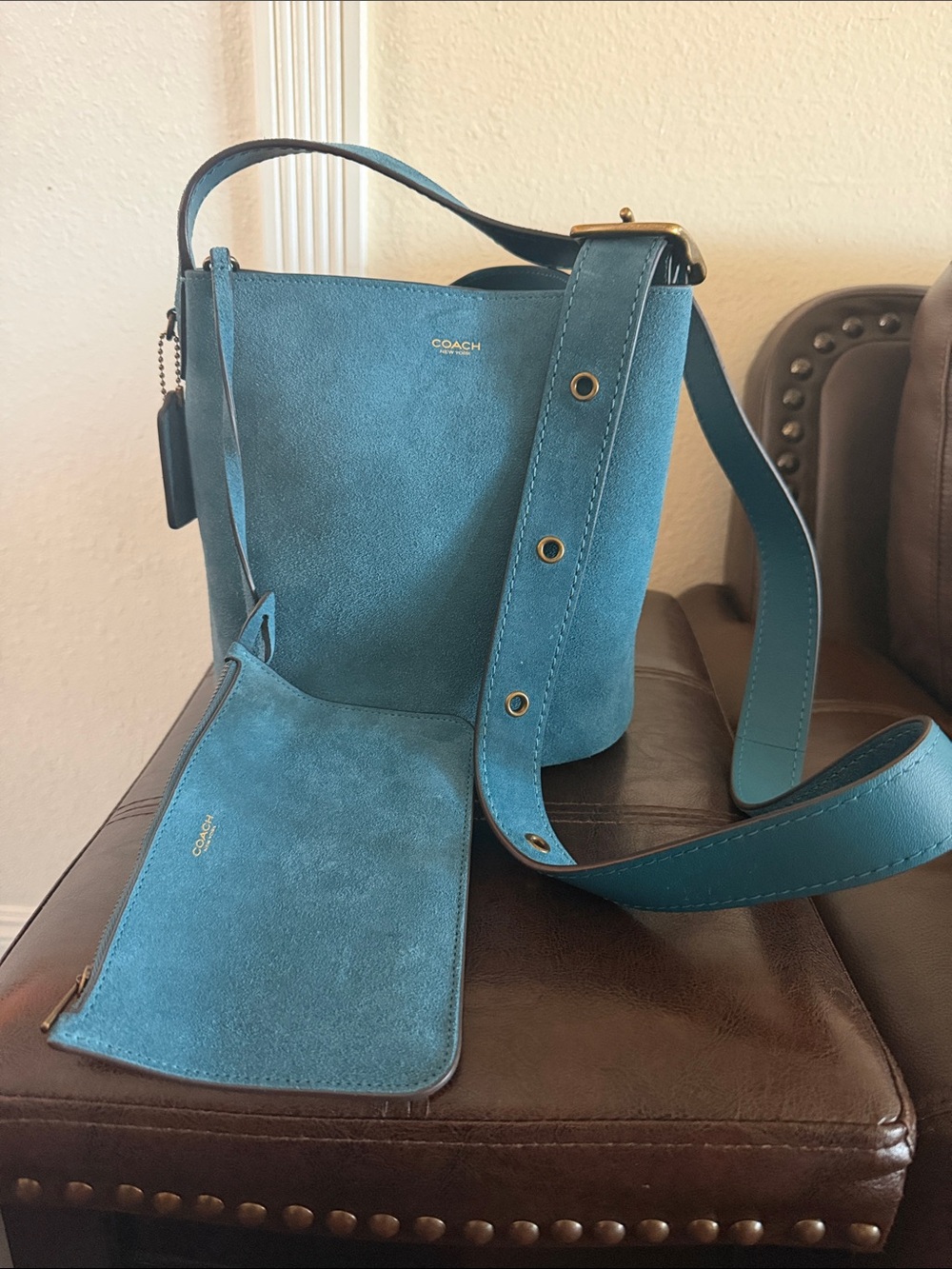COACH Teal Suede Bucket Bag with Wide Adjustable Strap